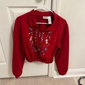 Red Embroidered Floral Zip-Up Top
